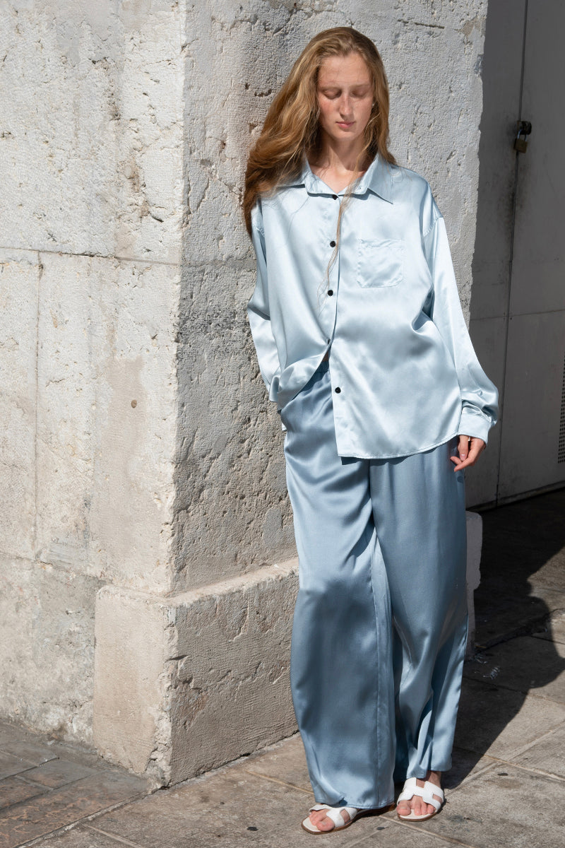 MEMORIES OF NICE MEDITERRANEAN MIST BLUE SILK LONG SET - CULT MIA