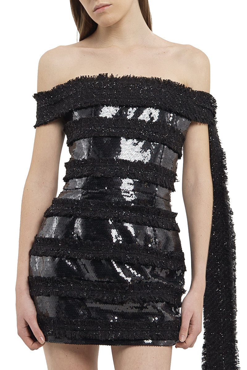 SEQUINS AND TWEED MINI DRESS IN BLACK - CULT MIA