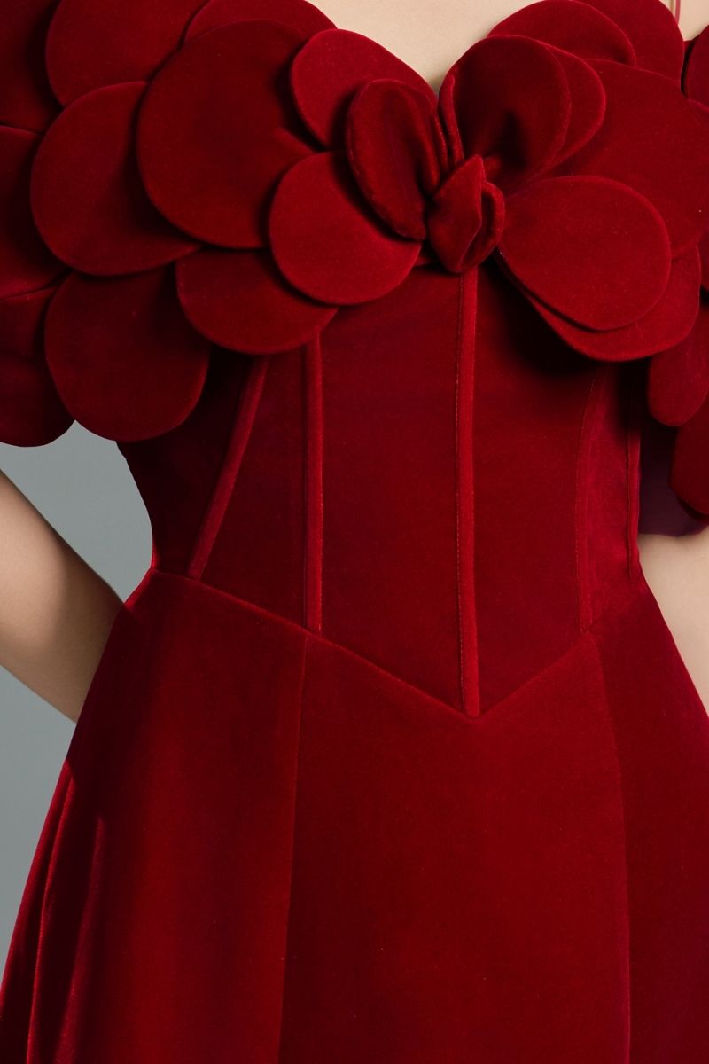 OFF-SHOULDER VELVET PETAL NECKLINE A LINE MAXI DRESS IN RED - CULT MIA