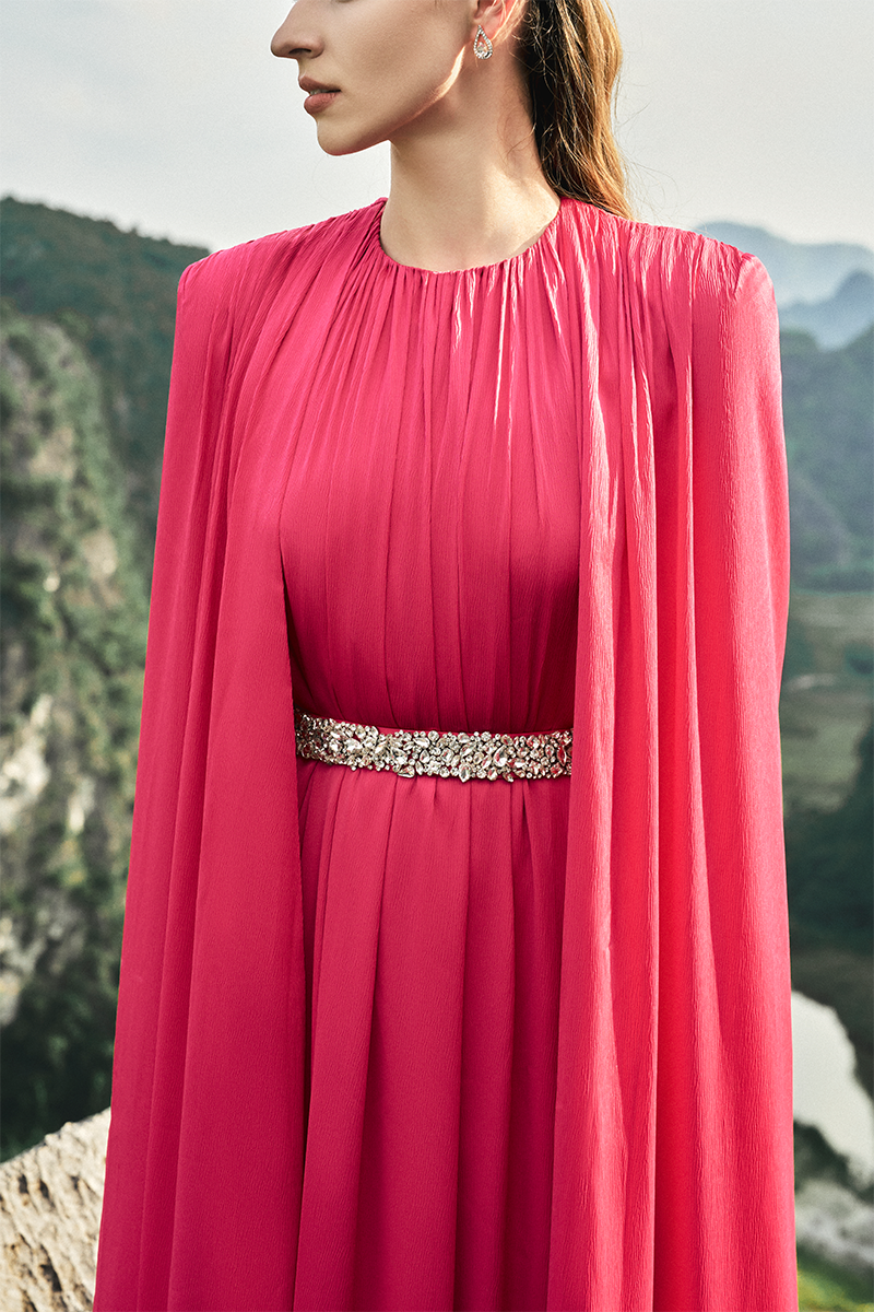 PINK ROUND NECK GATHERED GOWN WITH STONE EMBELLISHED BELT - CULT MIA