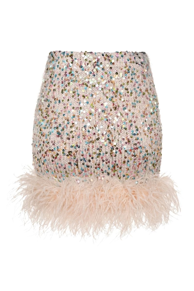 FEATHER TRIMMED MINI SKIRT WITH BOWS IN MULTI - CULT MIA