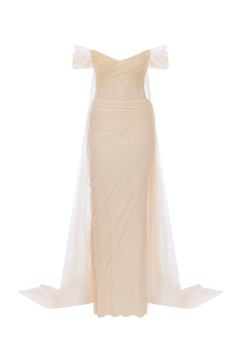 Sudi Etuz CREAM TULLE CORSET GOWN WITH CAPE | Cult Mia Sudi Etuz CREAM TULLE CORSET GOWN WITH CAPE | Cult Mia