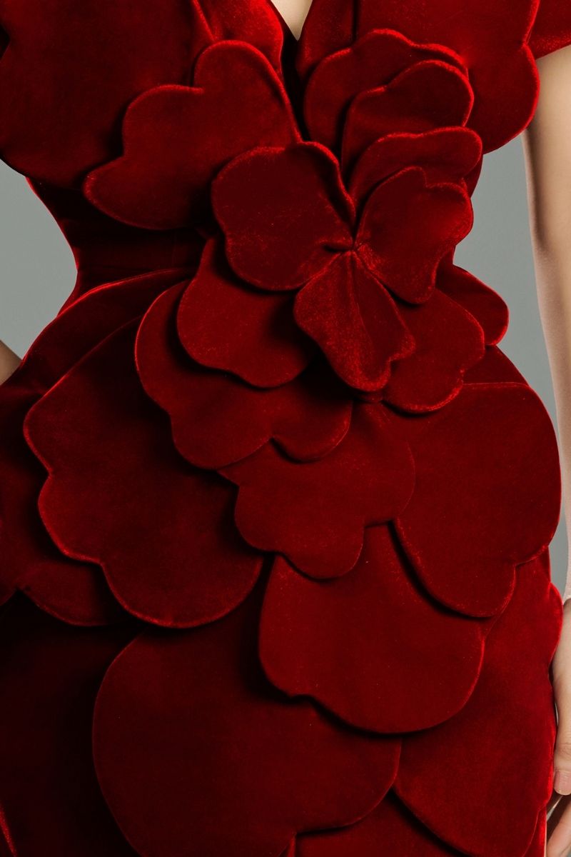 VELVET V-NECK PETAL EMBELLISHED WITH STRUCTURED SHOULDERS MAXI DRESS IN RED - CULT MIA