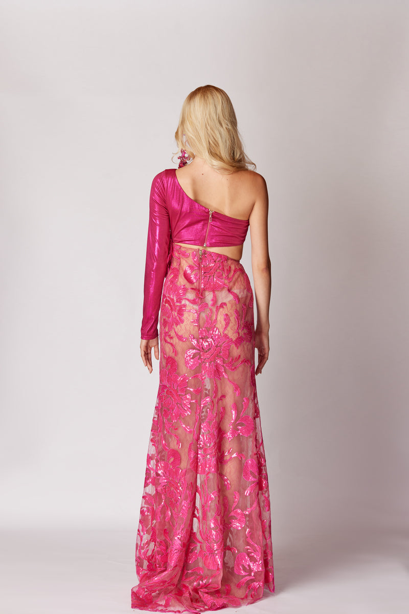 FUCHSIA ONE-SHOULDER MAXI DRESS WITH 3D FLOWER DETAILS - CULT MIA
