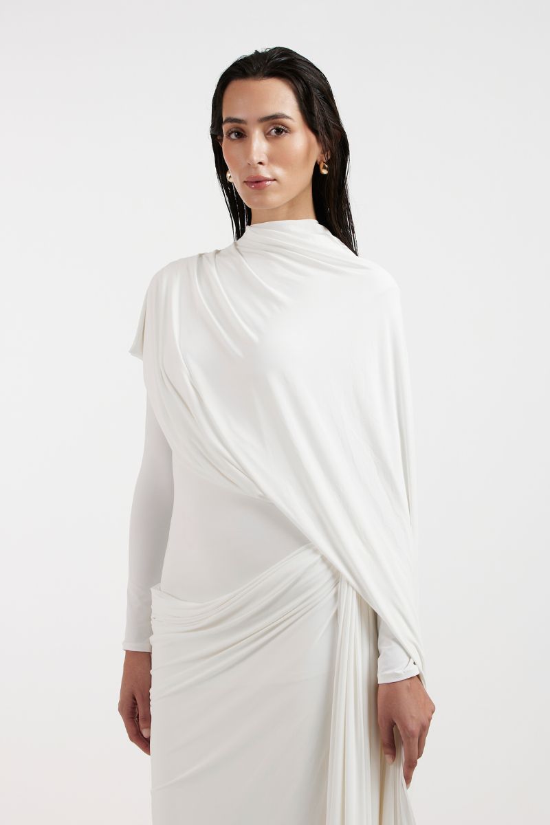 NADIA WHITE DRAPED GOWN - CULT MIA