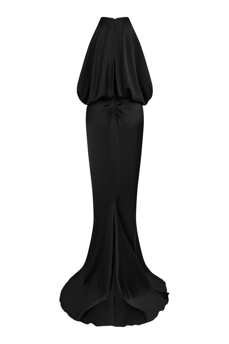 GLOWY BLACK DRAPED BEADED HALTERNECK GOWN - CULT MIA