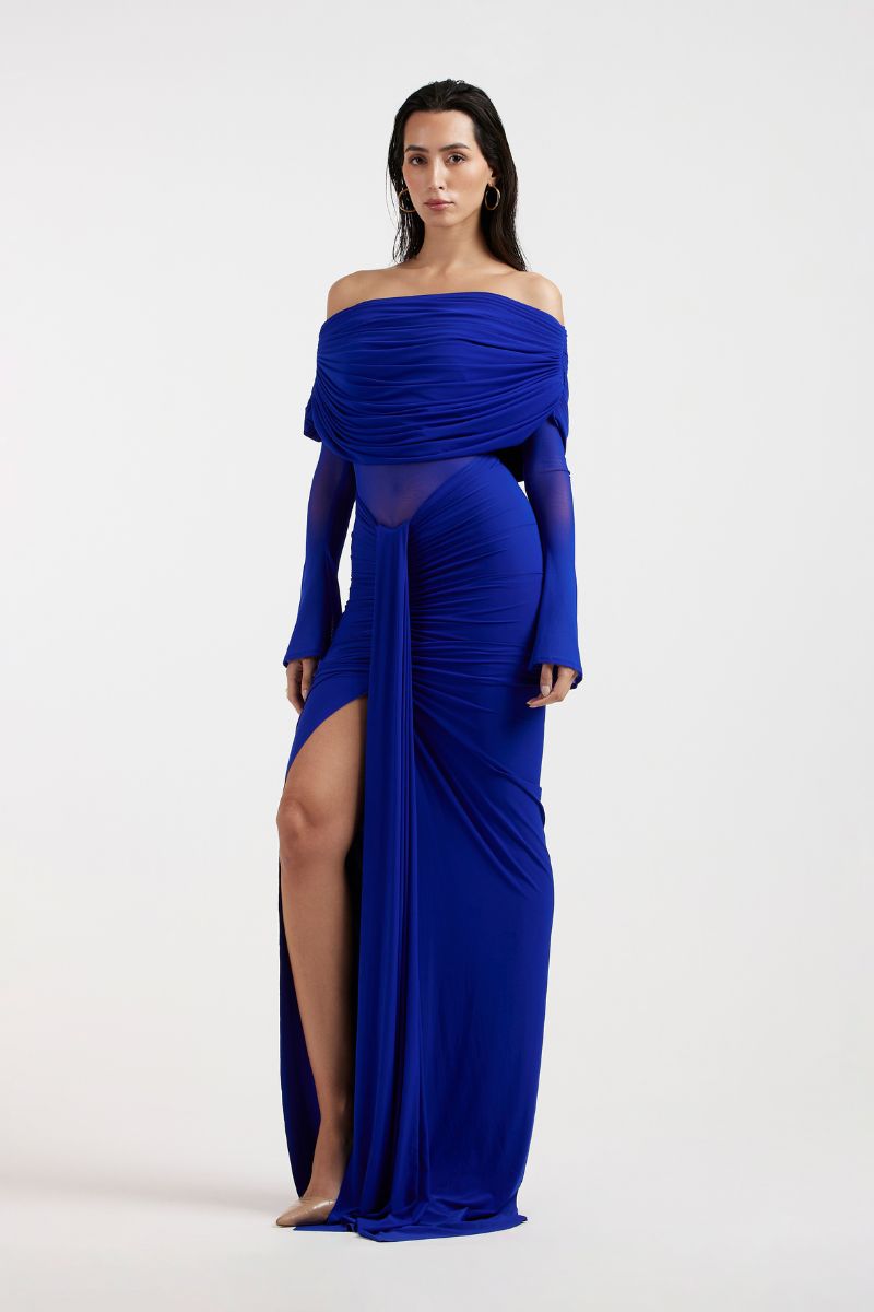 THALIA OFF SHOULDER COBALT DRESS - CULT MIA