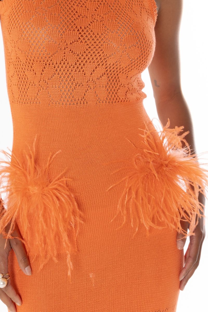 VANILLA CORAL KNIT DRESS WITH FEATHERS - CULT MIA