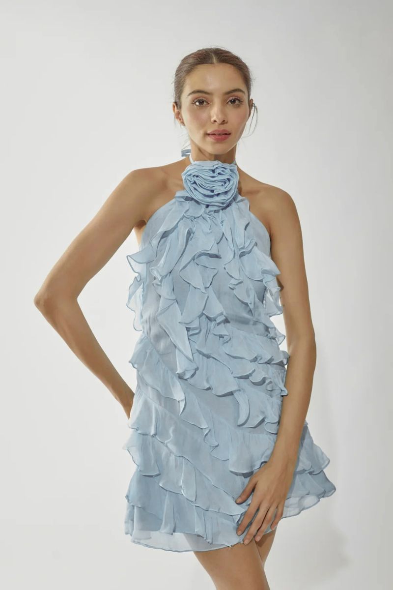 ADA ICE BLUE RUFFLE MINI DRESS - CULT MIA