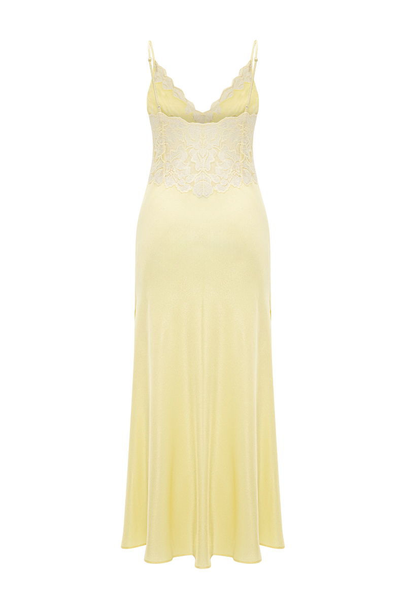CAROLINE LONG RAYON NIGHTGOWN WITH BUTTER YELLOW LACE - CULT MIA