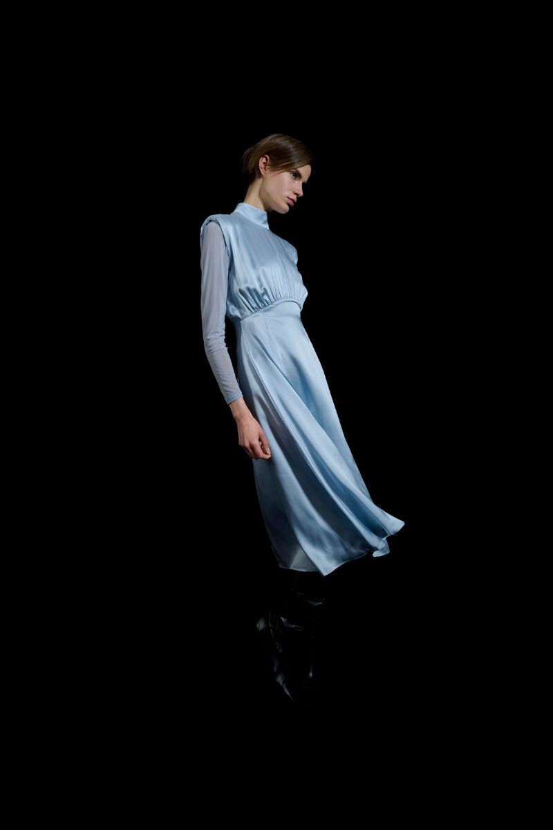 HIGH-NECK SILK DRESS IN BLUE - CULT MIA