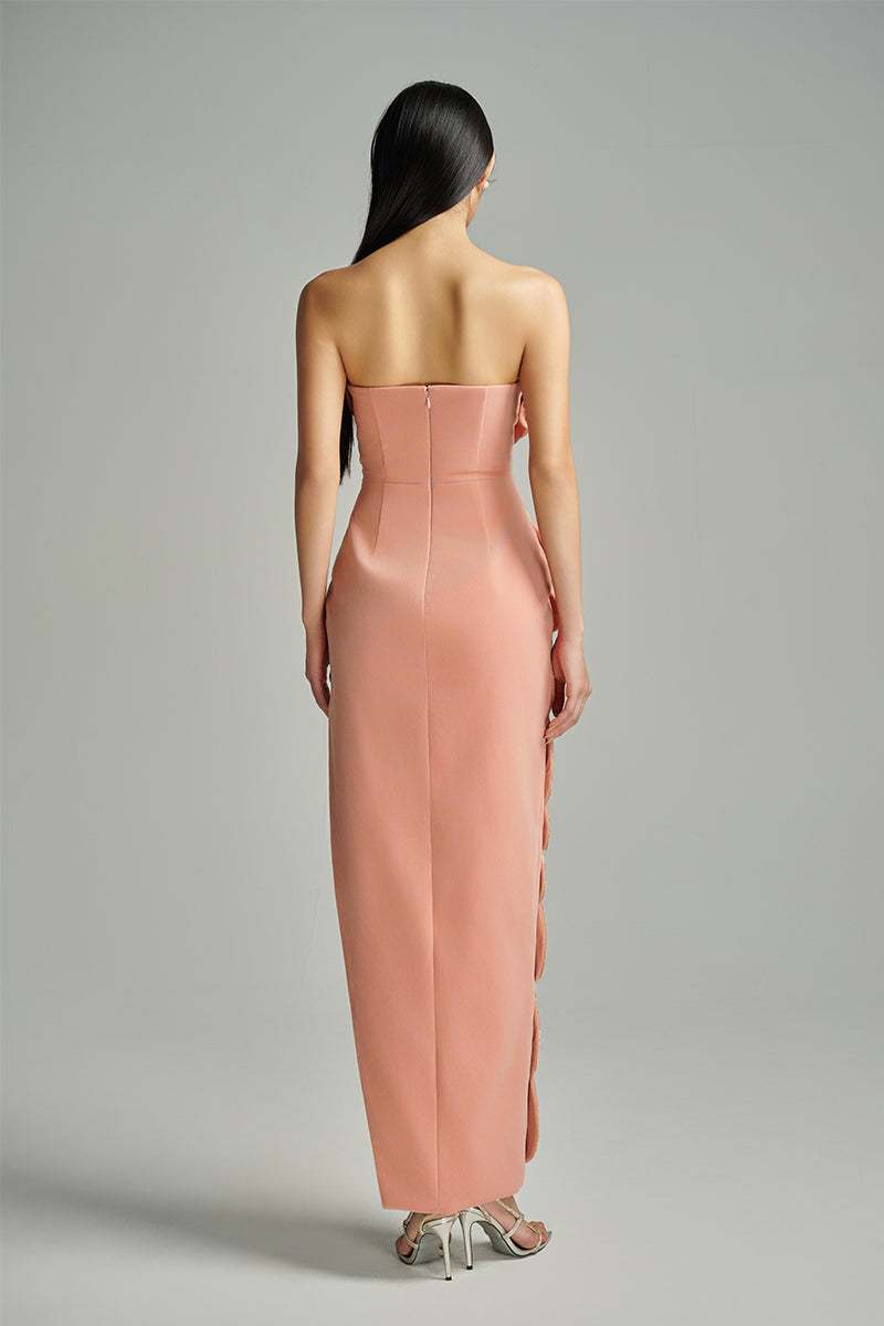 CULT MIA X HAPPY CLOTHING VELVET V-NECK PETAL STRAPLESS MAXI DRESS IN PINK - CULT MIA