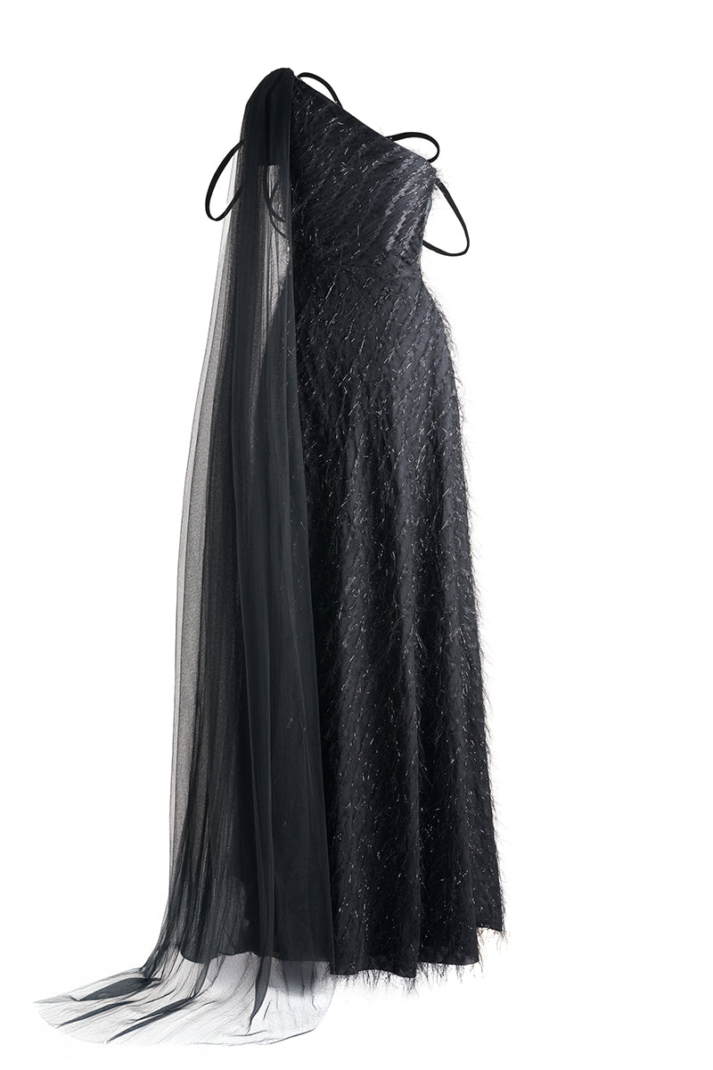 FLORAL ONE SHOULDER ORGANZA MAXI DRESS IN BLACK - CULT MIA