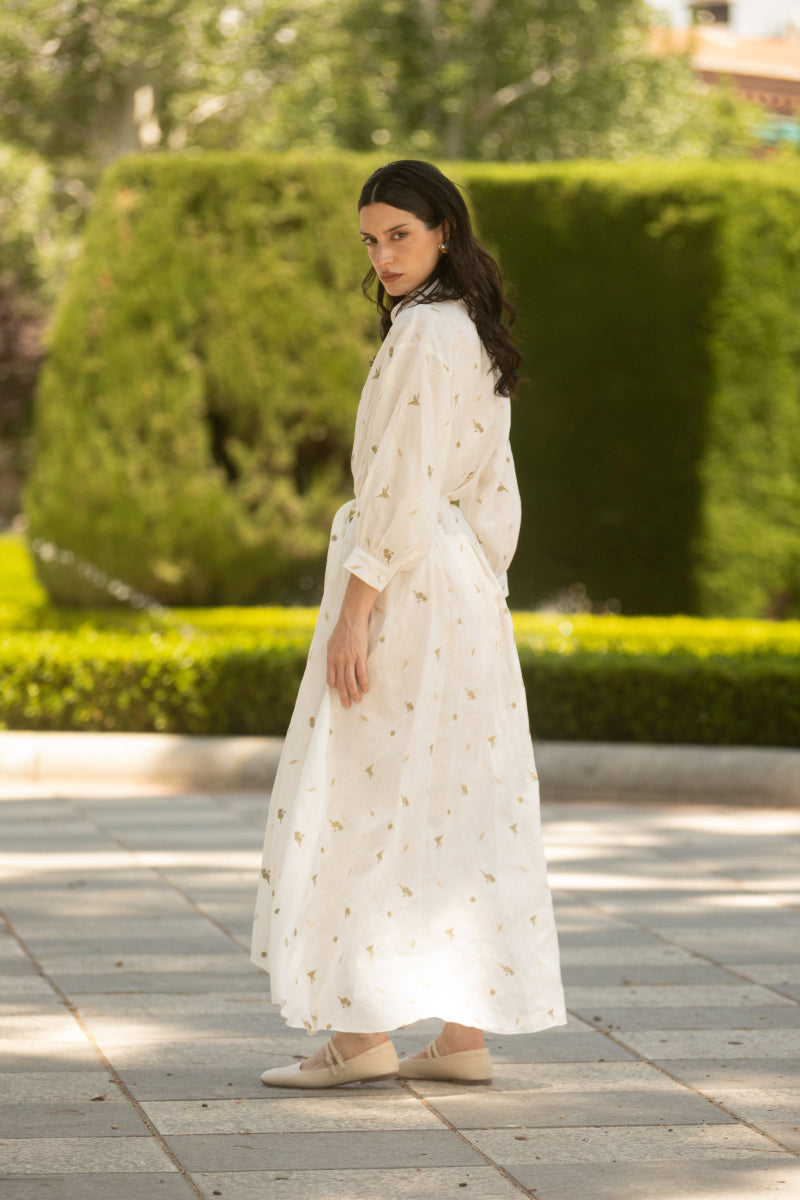 CAMELLIA AND LILIES SHIRT DRESS IN IVORY GOLD - CULT MIA