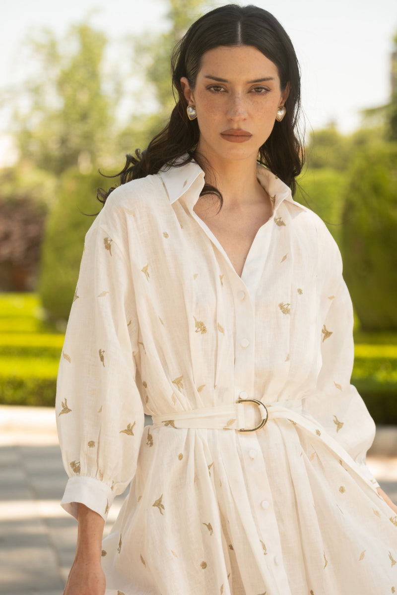 CAMELLIA AND LILIES SHIRT DRESS IN IVORY GOLD - CULT MIA