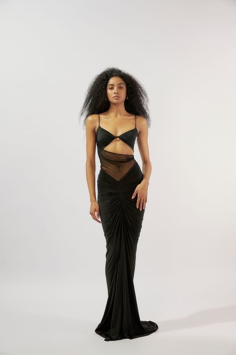 LILITH BLACK FITTED RUCHED MAXI DRESS - CULT MIA
