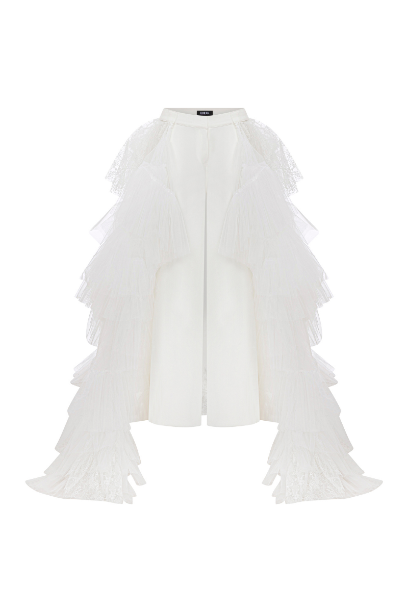 WHITE CREPE PANTS WITH RUFFLED TRAIN - CULT MIA