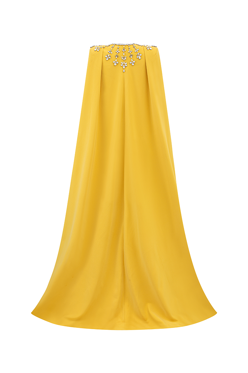 YELLOW STONE EMBELLISHED CAPE AND BODYCON GOWN SET - CULT MIA