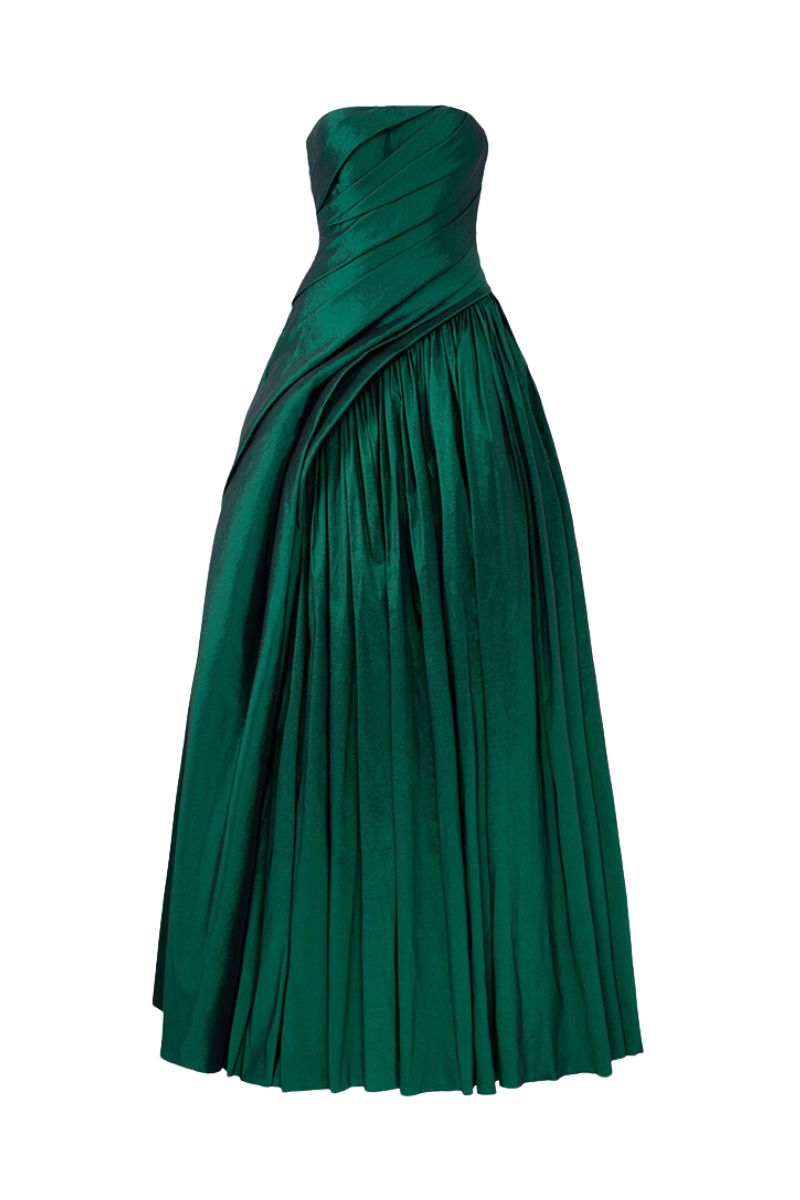 GREEN STRAPLESS DIAGONAL GATHERED GOWN - CULT MIA