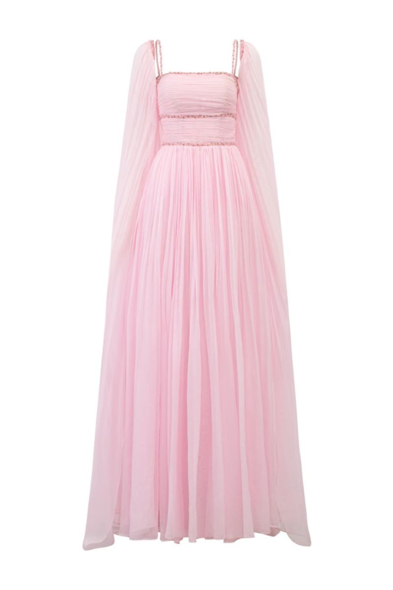 pink silk dress long ESPERANZA PINK SILK PLEATED GOWN | CULT MIA