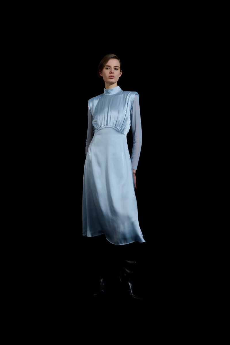 HIGH-NECK SILK DRESS IN BLUE - CULT MIA