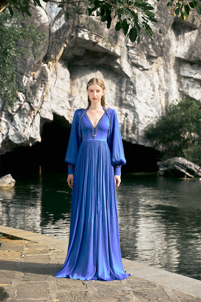 COBALT LONG PUFFY SLEEVE V-NECK GOWN - CULT MIA