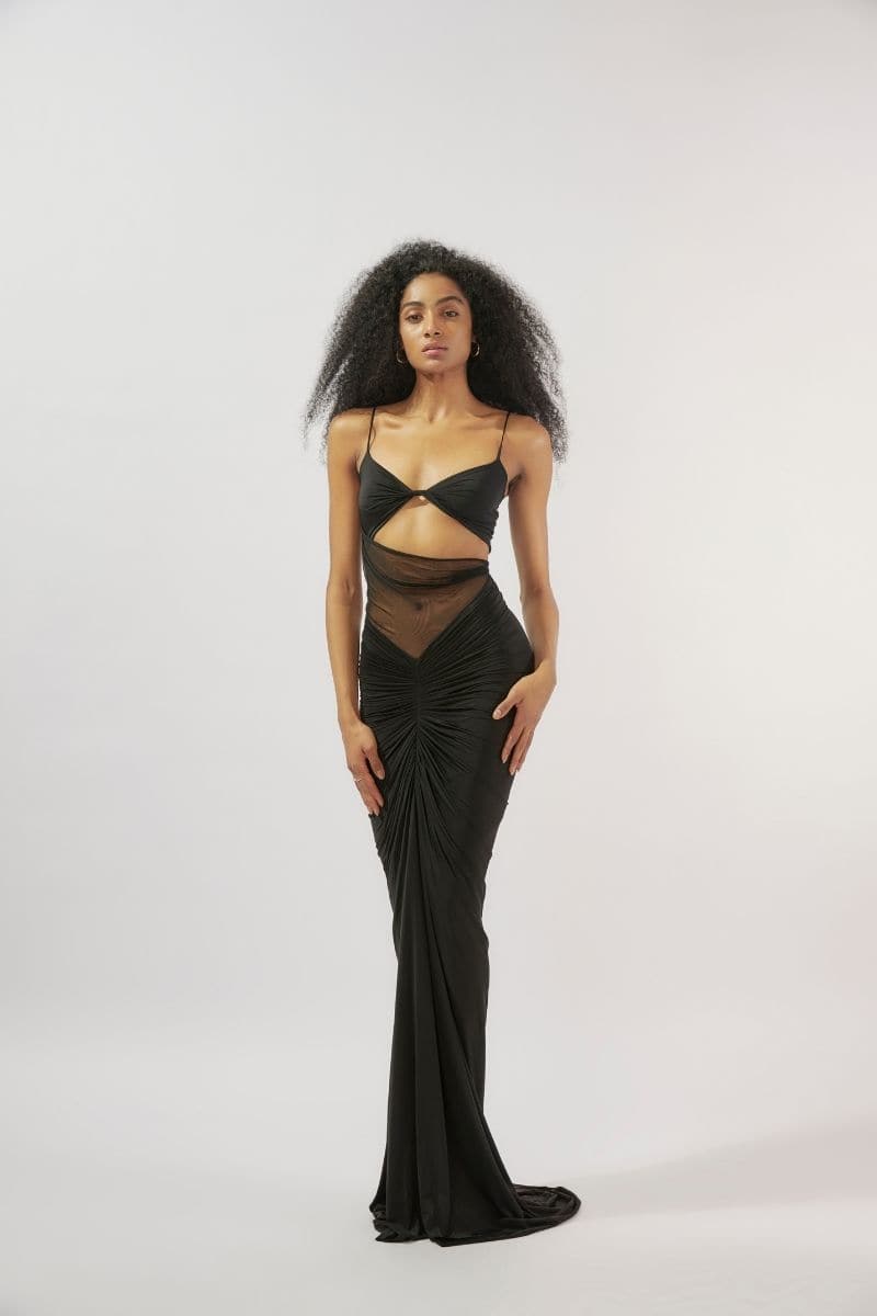 LILITH BLACK FITTED RUCHED MAXI DRESS - CULT MIA