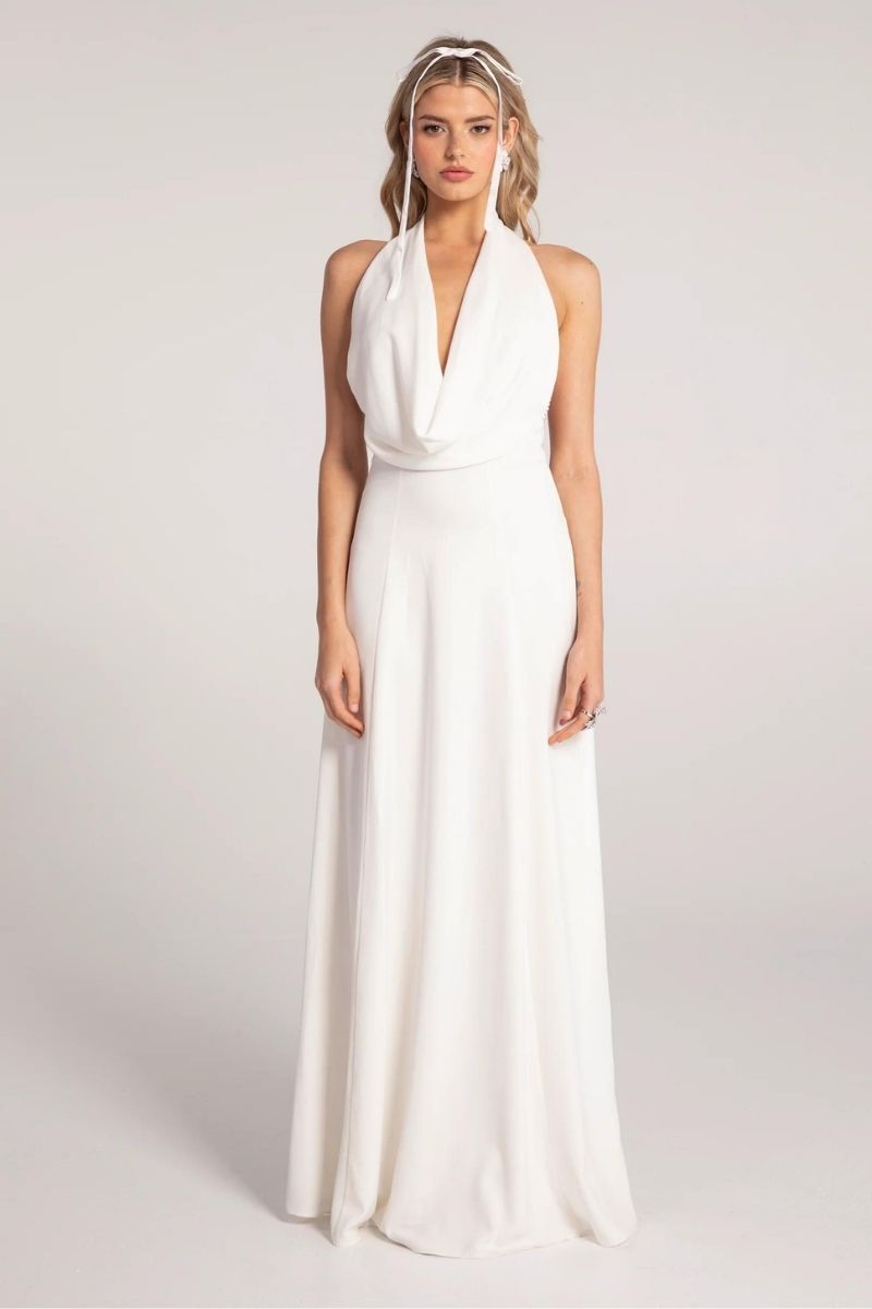 ANIYA WHITE SATIN V-NECK GOWN - CULT MIA