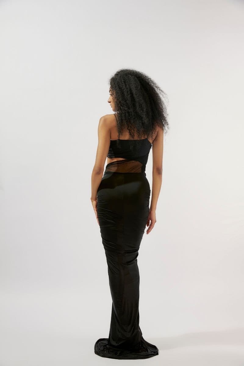 LILITH BLACK FITTED RUCHED MAXI DRESS - CULT MIA