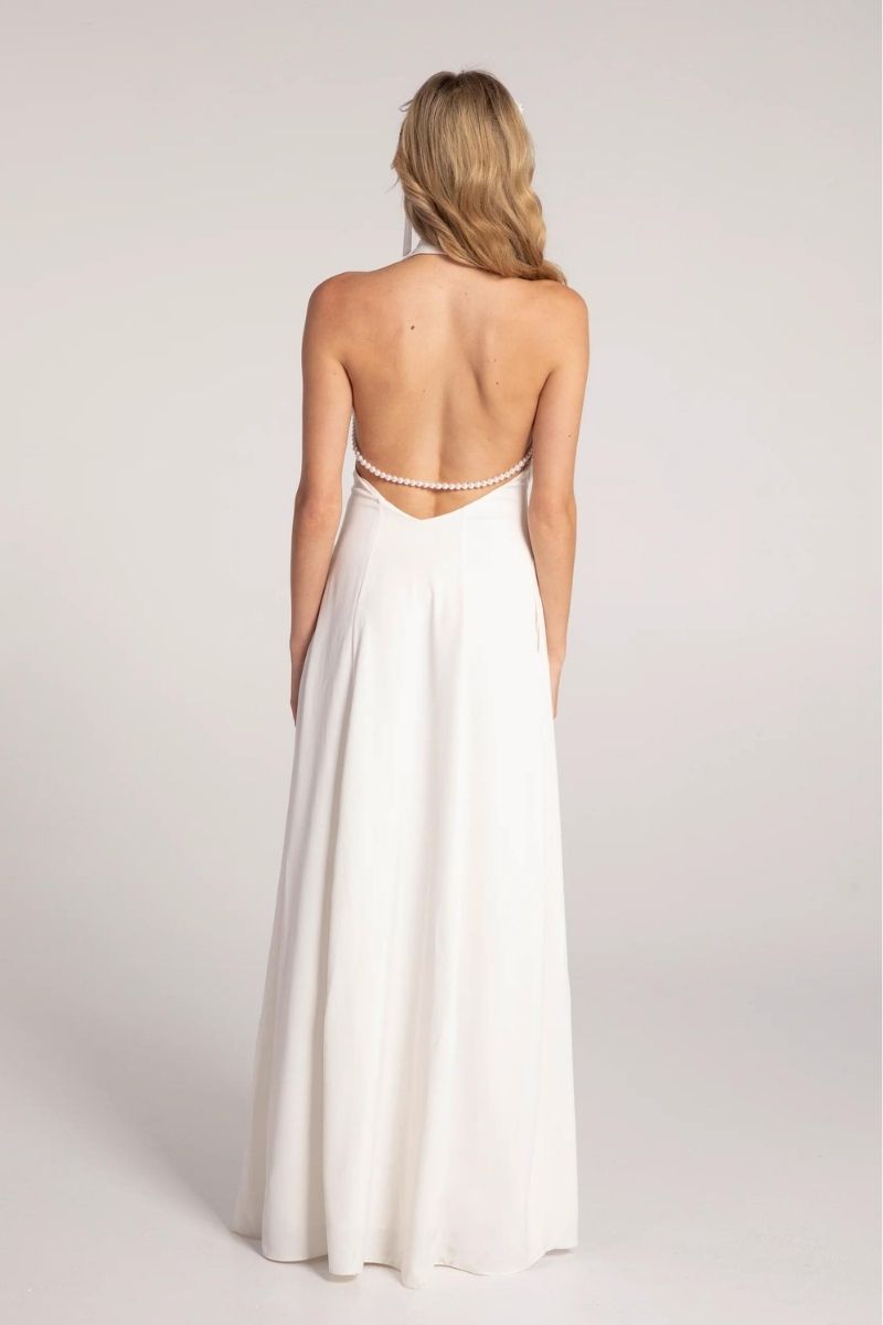 ANIYA WHITE SATIN V-NECK GOWN - CULT MIA