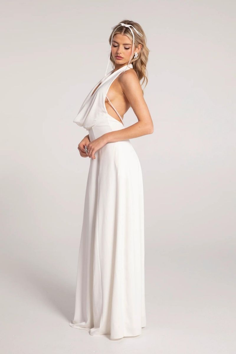 ANIYA WHITE SATIN V-NECK GOWN - CULT MIA