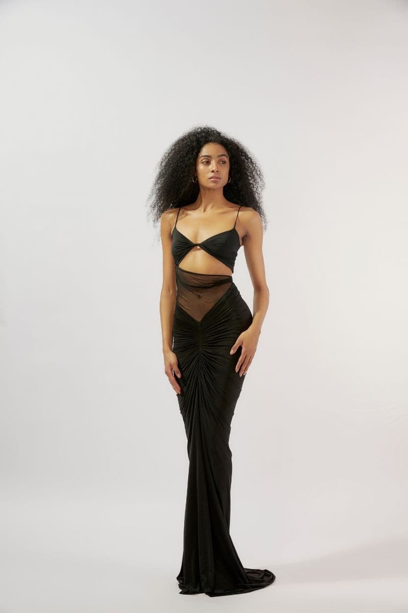 LILITH BLACK FITTED RUCHED MAXI DRESS - CULT MIA