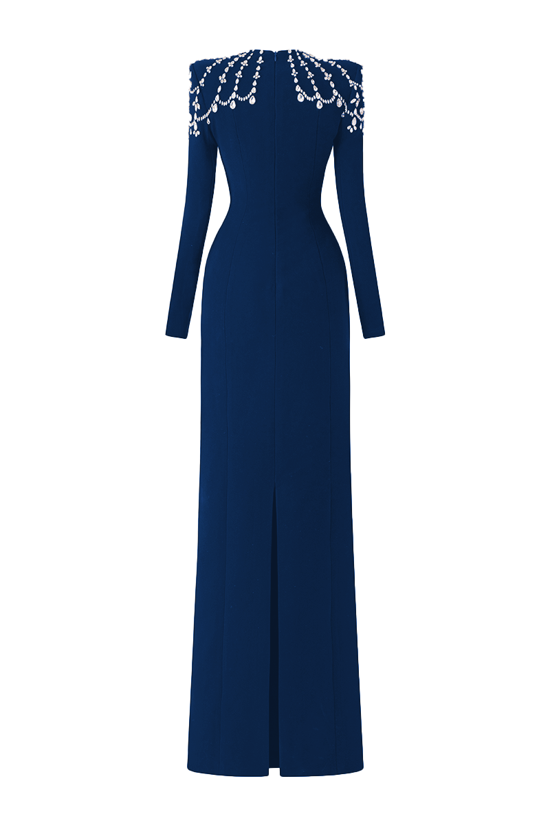 NAVY BLUE LONG SLEEVE TRAPEZOID NECKLINE BODYCON FULL DRESS - CULT MIA