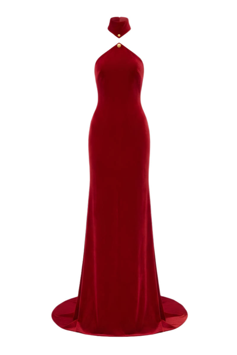 red carpet halter dress Electric Red Jersey Cut Out Criss Cross Halter Gown