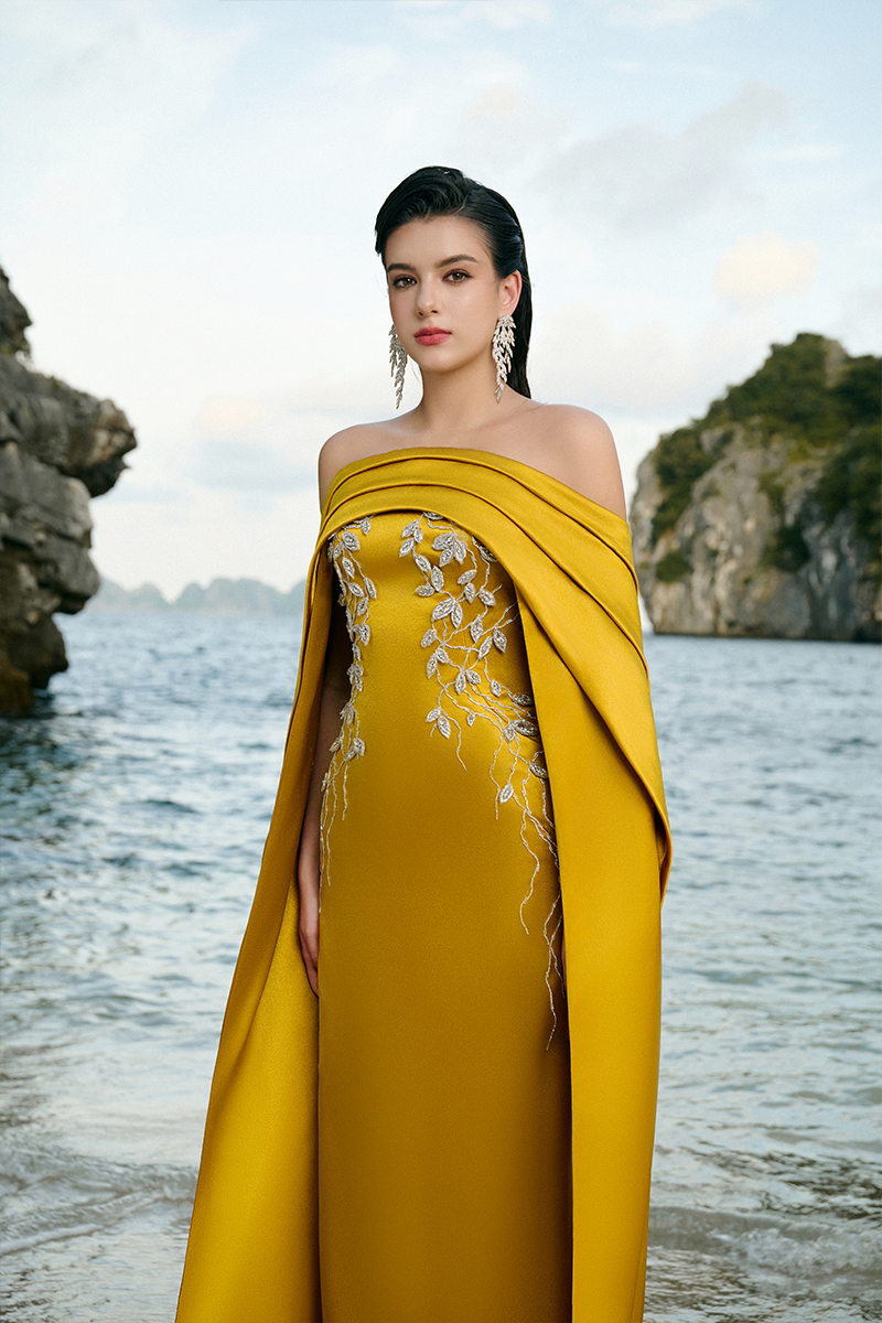 CURVED DRAPED OFF SHOULDER WITH LONG SLEEVE CAPE DRESS - CULT MIA