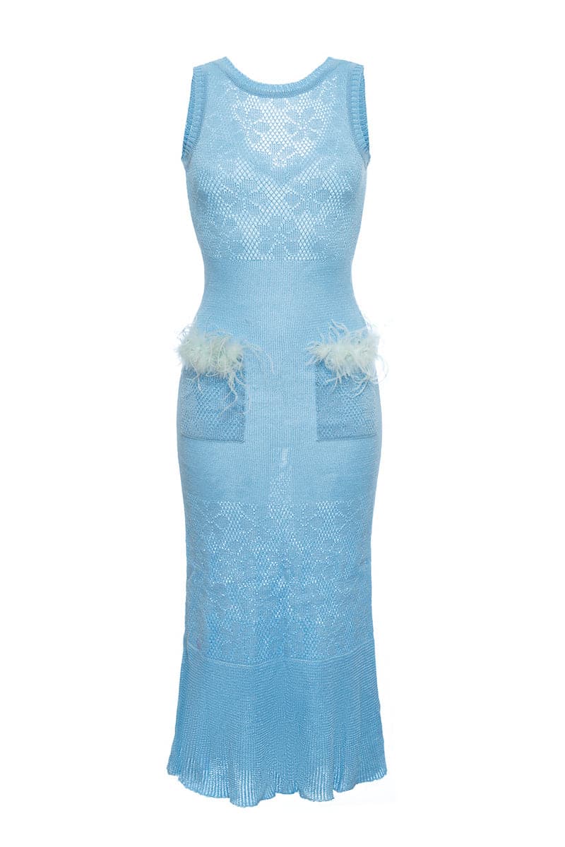 BLUE KNIT MIDI DRESS WITH FEATHERS | CULT MIA | Andreeva BLUE KNIT MIDI DRESS WITH FEATHERS | CULT MIA | Andreeva