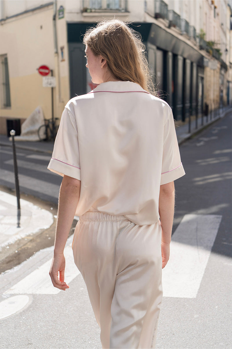 MUSEUM OF CRUSH SHORT-SLEEVE LONG-PANTS PAJAMA SET IN BLUSH PINK - CULT MIA