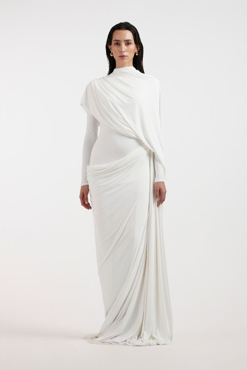 NADIA WHITE DRAPED GOWN - CULT MIA