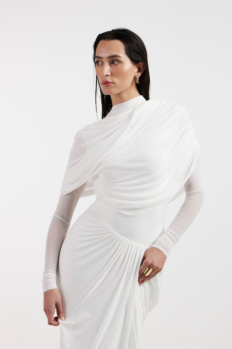 VALERIA WHITE DRAPED GOWN - CULT MIA