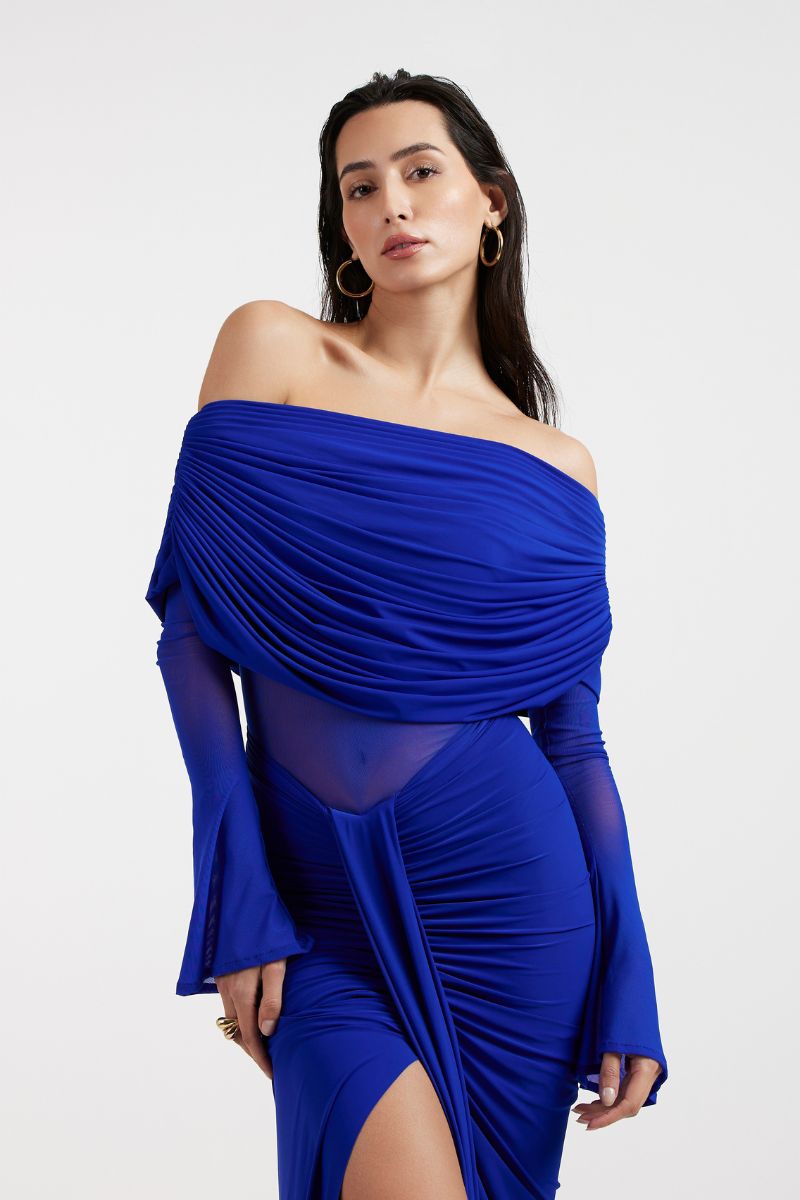 THALIA OFF SHOULDER COBALT DRESS - CULT MIA