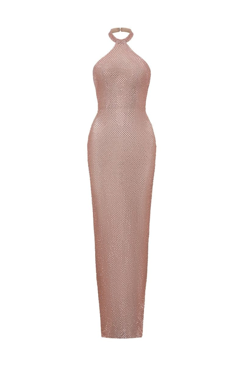 ROSE GOLD SPARKY HALTERNECK MAXI DRESS - CULT MIA