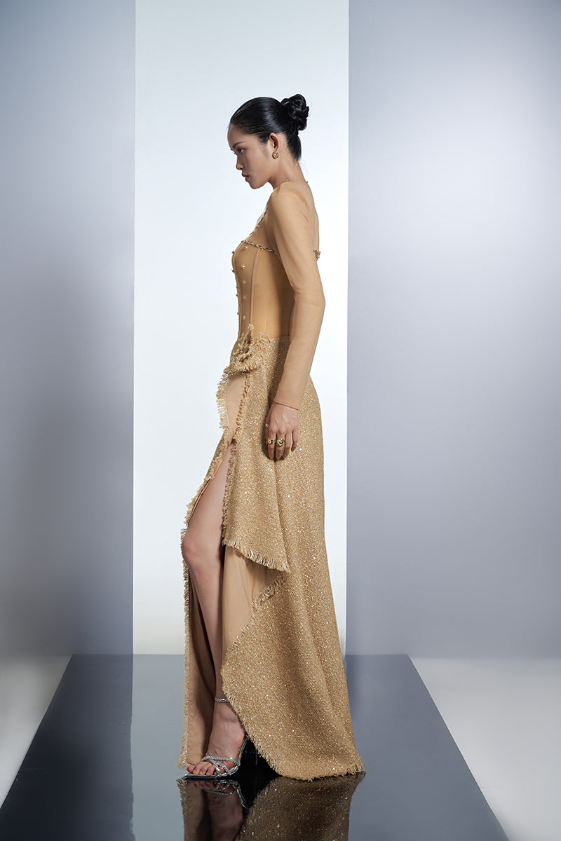 CRYSTAL BODYCON TWEED MAXI DRESS IN BEIGE - CULT MIA