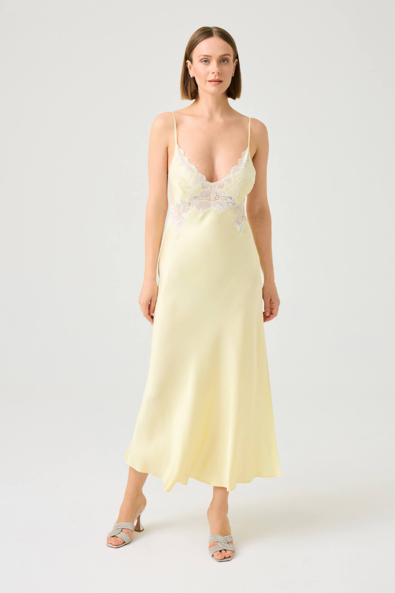 CAROLINE LONG RAYON NIGHTGOWN WITH BUTTER YELLOW LACE - CULT MIA