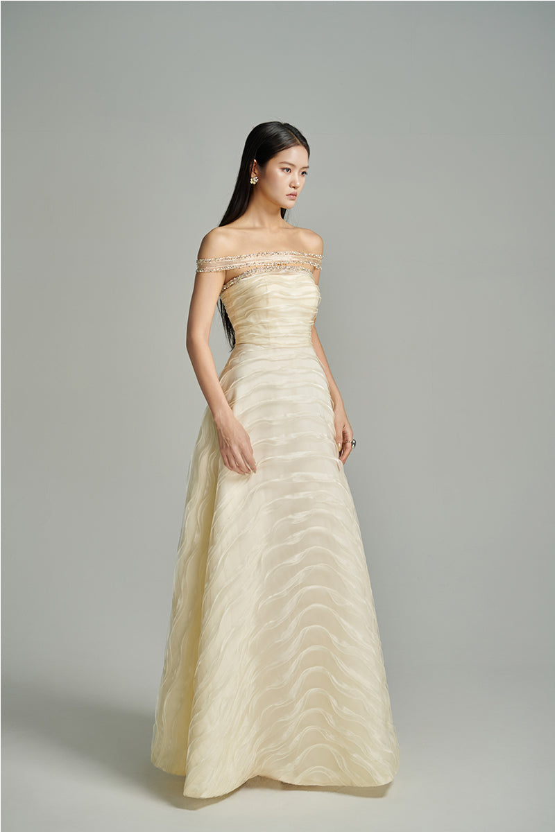 CULT MIA X HAPPY CLOTHING LIGHT OFF-SHOULDER ORGANZA MAXI DRESS IN BEIGE - CULT MIA