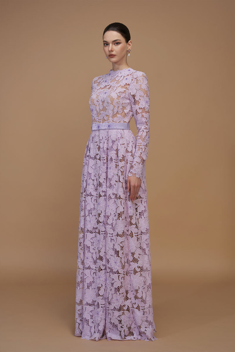 TULIPS GUIPURE LACE AND SILK TAFFETA LILAC GOWN - CULT MIA