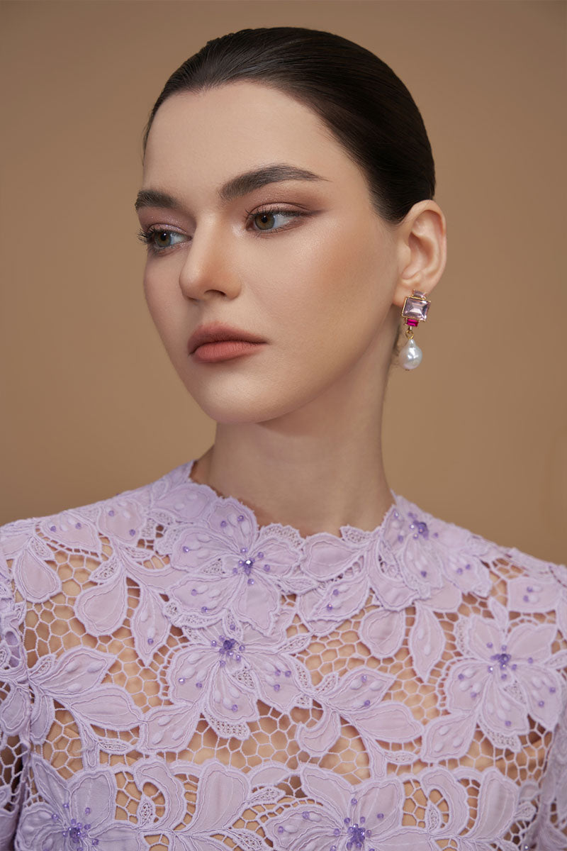 TULIPS GUIPURE LACE AND SILK TAFFETA LILAC GOWN - CULT MIA