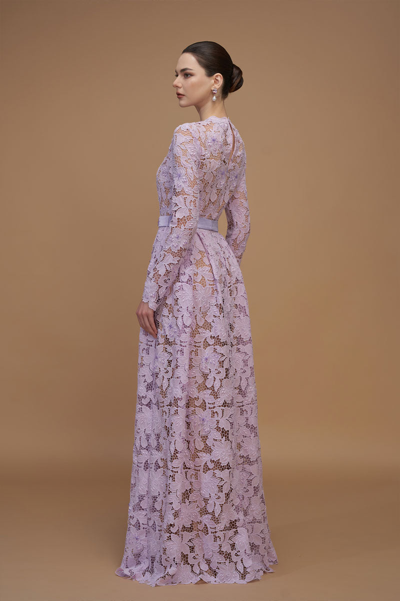TULIPS GUIPURE LACE AND SILK TAFFETA LILAC GOWN - CULT MIA