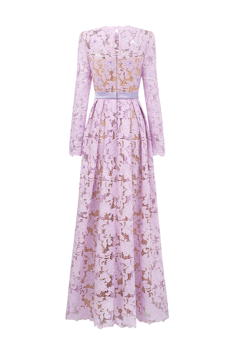 TULIPS GUIPURE LACE AND SILK TAFFETA LILAC GOWN - CULT MIA