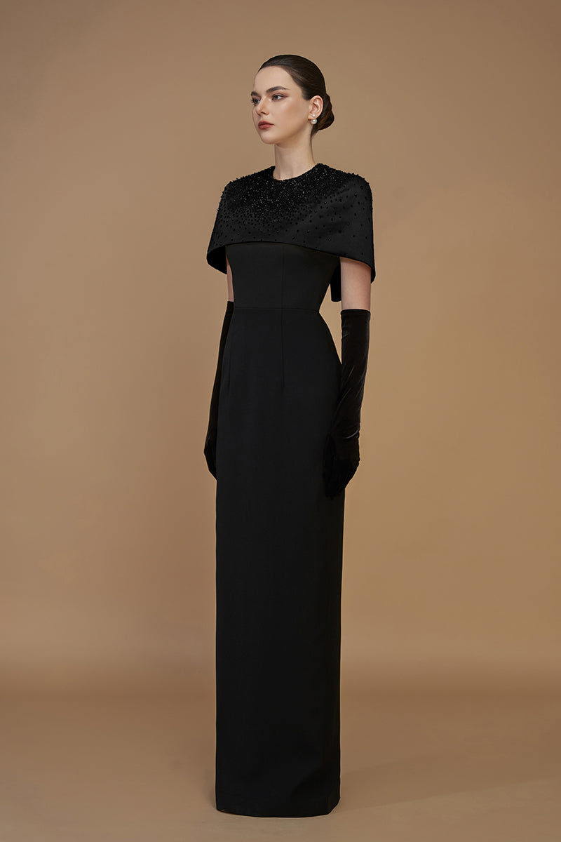 CREPE AND SILK TAFFETA CAP SLEEVE GOWN IN BLACK - CULT MIA