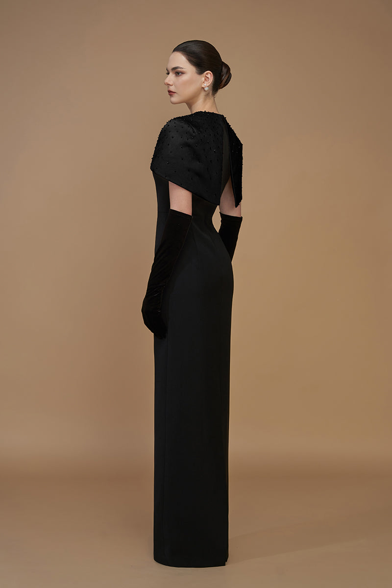 CREPE AND SILK TAFFETA CAP SLEEVE GOWN IN BLACK - CULT MIA